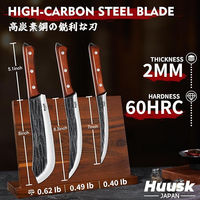 Huusk Butcher Knife Set for Meat Cutting, 3PCS Carving BBQ Brisket Knives, Hand-forged Kitchen Knive Set with Ergonomic Handle, Gift for Men Women