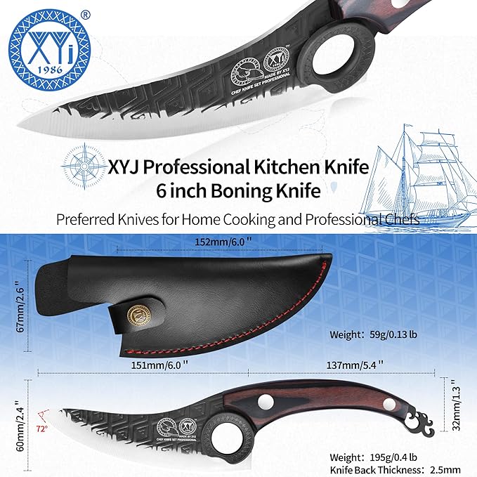 XYJ FULL TANG 6 Inch Boning Knife With Sheath, Stainless Steel Portable Chef Fishing Knife Wood Handle, Meat Cleaver Butcher Knife For Kitchen Camping Outdoor BBQ