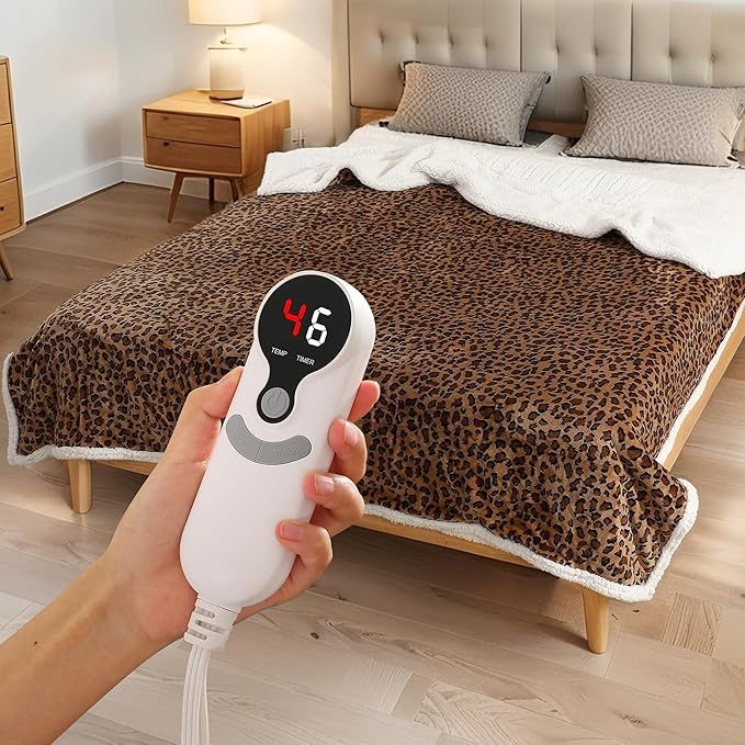 LUXIAN Electric Heated Blanket Queen Size 84"x90" - Microplush & Sherpa Fabric Dual-Sided, 6 Heat Settings & 10 Hours Auto Off, Cozy Warming Throw for Office or Bed, Machine Washable, Leopard Print