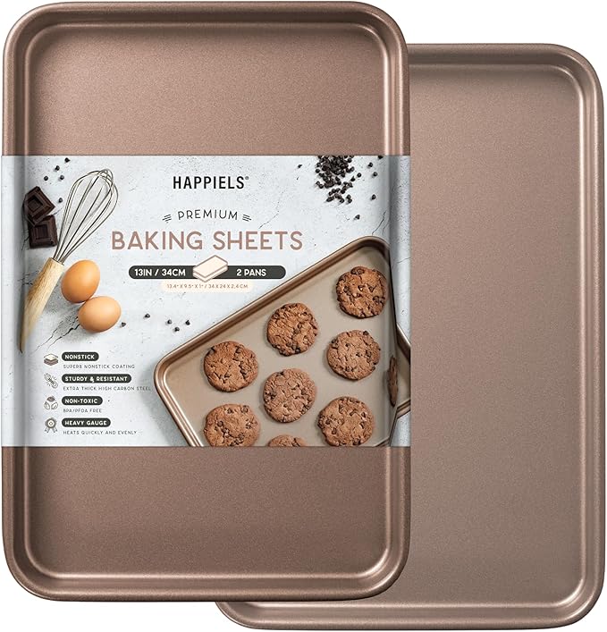 HAPPIELS Nonstick 9x13 inch Quarter Baking Sheet Set of 2 | PFOA & BPA Free Non Toxic 13x9 inches Cookie Sheets | Best Non stick Cooking Pans, Small Tray for Toaster Oven | Nontoxic Baking Pan 9 x 13