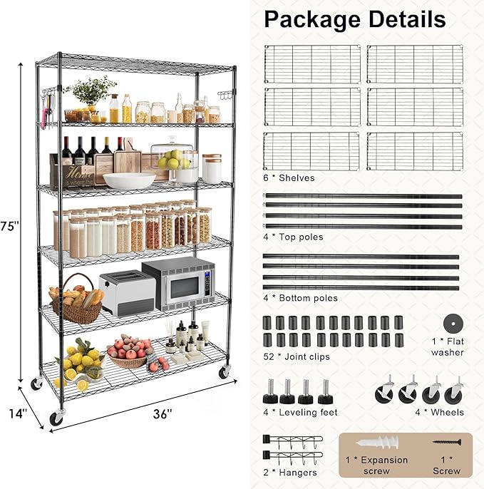 YNN Storage Shelves,2100Lbs 6 Tier Heavy Duty Metal Rolling Shelving Unit with Wheels & 8 Hooks, Adjustable Garage Wire Rack for Kitchen, Bathroom,Industrial,Pantry(36" W x 14" D x 72" H,Black)