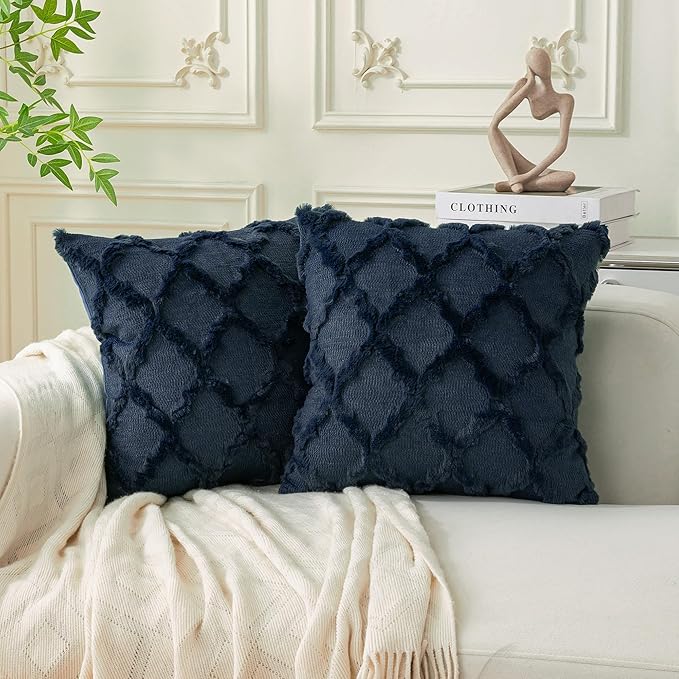 Set of 2 Soft Moroccan Throw Pillow Covers 18x18 Inch Plush Boho Decorative Pillow Cover Accent Cushion Case for Couch Sofa Bed, Navy Blue