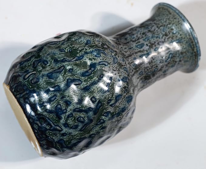 Rustic Pottery Ceramic Vase - Vintage Farmhouse Style Decor, White Grid Ceramic Vases for Home Decor, Modern Farmhouse Decor (Blue and green)