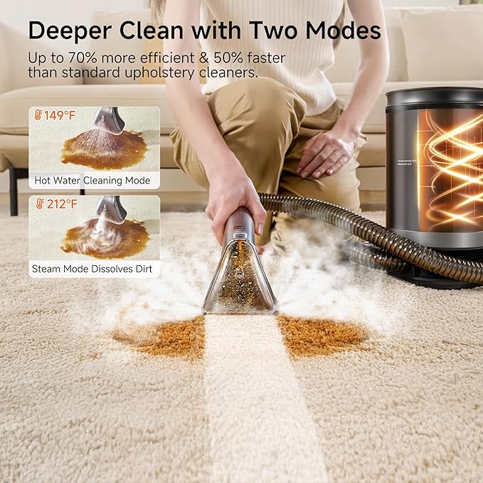 uwant Portable Carpet Cleaner with Steam& Hot Water System 18Kpa Powerful Suction Carpet Cleaner with 4 Cleaning Tools& Solution 2 in 1 Upholstery Cleaner Steam Cleaner for Pets, Car (Steam& Heating)