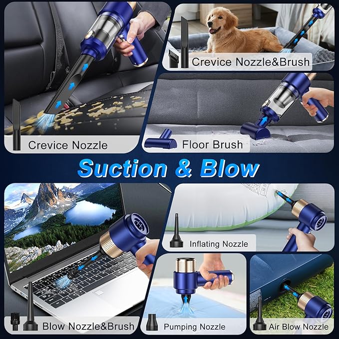 Mini Vacuum Cleaner, 15000PA Car Vacuum Cleaner Portable Cordless with LED Light, 4 in 1 Air Duster and Handheld Small Vacuum Rechargeable for Car, Home, Office, Pet(Blue)