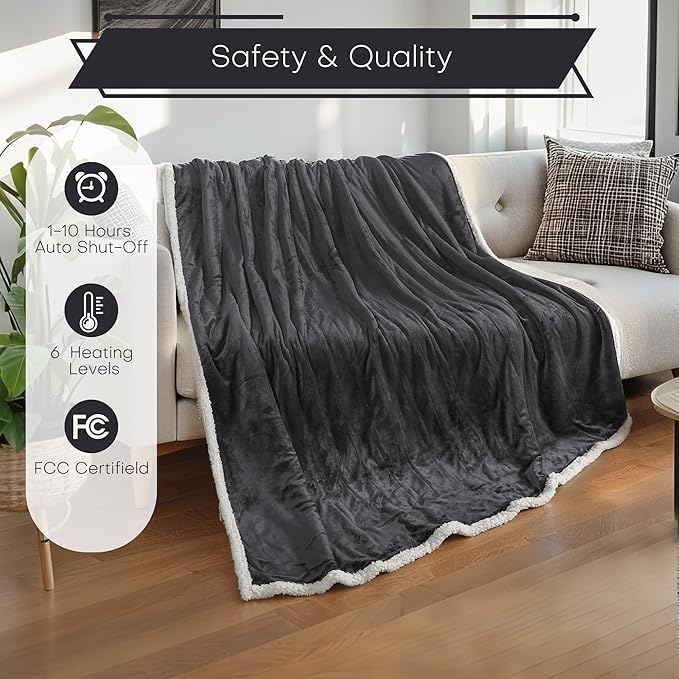 Electric Heated Blanket Twin Size 62"x84" - Flannel & Sherpa Fabric Dual-Sided, 6 Heat Settings & 10 Hours Auto Off, Soft & Cozy Warming Throw for Home, Office, or Bed, Machine Washable, Iron Gray