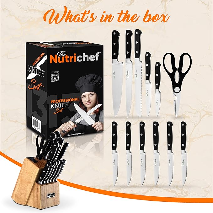 NutriChef 13-Piece Kitchen Knife Set with Wooden Block - Precision Crafted Stainless Steel Knives with Scissors & Built-In Sharpener - Lightweight, Durable, & Razor Sharp - Dishwasher Safe (NCKNS13)