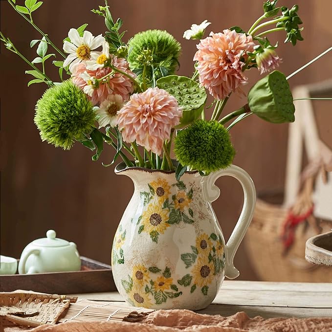 Levvohd Vintage Vase with Handle, 7.6 Inch Ceramic Pitcher Sunflower Floral Vase, Rustic Farmhouse Vases for Grandma Core Home Decor, Bookshelf Office Tuscan Decor (Large)