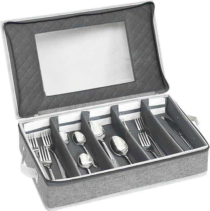 homyfort Flatware Storage Case Box, Silverware Organizer, Tableware Cutlery Utensil Storage Container with Cover/Lid and Adjustable Compartments for Flatware Organization (Grey)