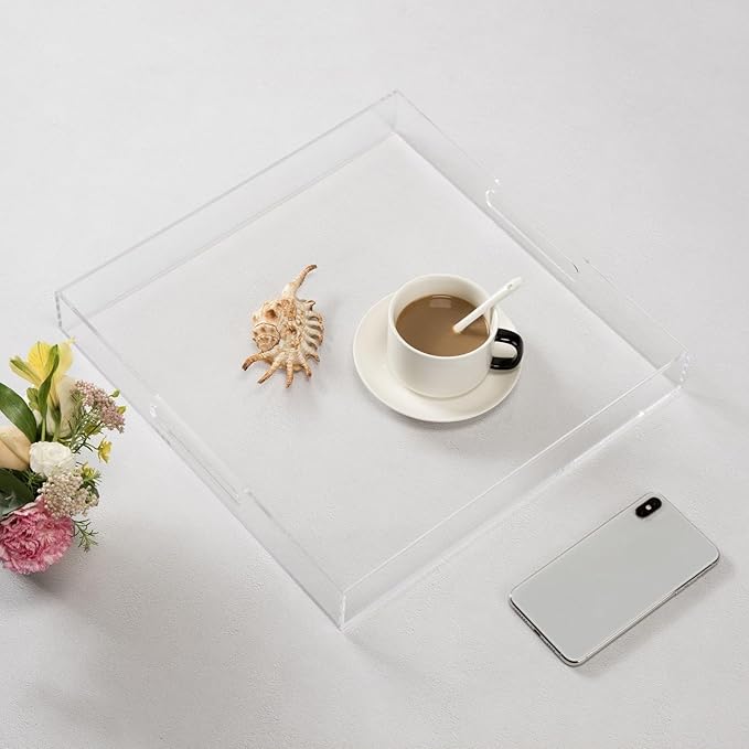 Clear Sturdy Acrylic Serving Tray with Handles - 14x14Inch - Coffee, Appetizer, Breakfast, Butler Tray - Kitchen Countertop & Makeup Drawer Organizer