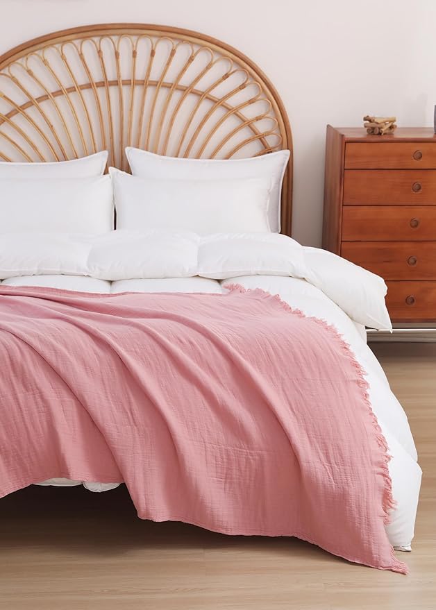 100% Cotton Muslin Throw Blanket for Bed, Couch, Small, Decorative, Soft, Pre-Washed, Breathable and Lightweight Gauze Blanket with Tassels, Suitable for All Seasons, Pink, 50"x60"