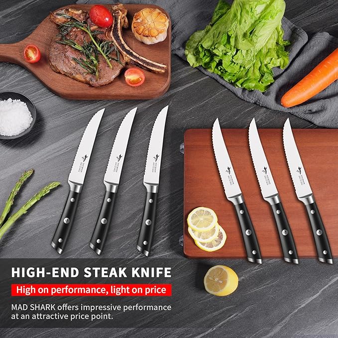 MAD SHARK Steak Knives Set of 6,Premium 12.6-inch Serrated Steak Knife Set,Ultra Sharp German High Carbon Stainless Steel Triple Rivet Collection 6-Piece Kitchen Steak Knife Set (STEAK KNIFE SET OF 6)
