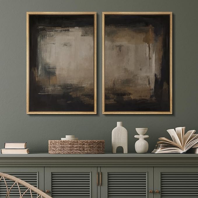 SIGNFORD Framed Canvas Print Wall Art Set Neutral Black and Brown Contemporary Minimalist Illustration Modern Art Decorative for Living Room, Bedroom, Office - 24"x36"x2 Natural