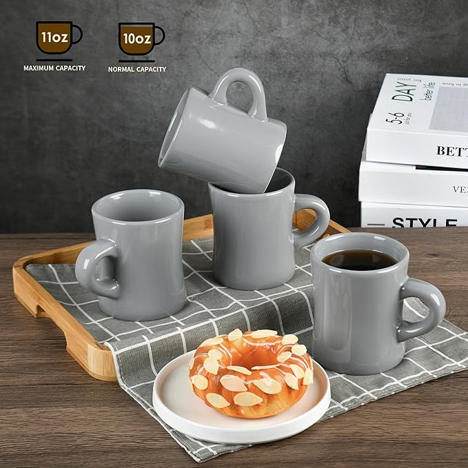 11oz White Diner Coffee Mug Set of 4 Ceramic Mugs Great for Kitchen Set, Travel, and Hot Tea (Grey)