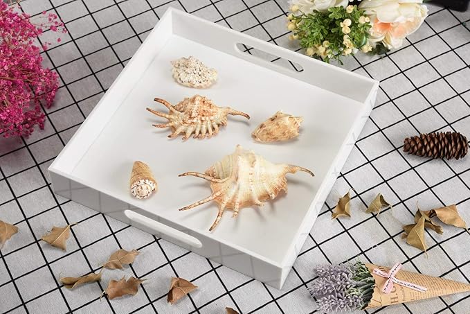 Glossy White Sturdy Acrylic Serving Tray with Handles-12x12Inch-Serving Coffee,Appetizer,Breakfast,Butler-Kitchen Countertop -Cosmetics Organizer-Vanity Table Tray-Ottoman Tray-Decorative