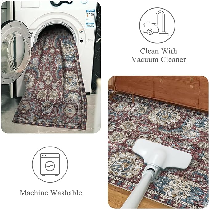 RUGSURE Washable Area Rugs - Perfect for Living Room, Bedroom, Kids Room, Nursery - Stain & Water Resistant Non-Slip, Pet & Child Friendly, Vintage Tribal Area Rugs (Burgundy and Blue, 3' x 5 ')