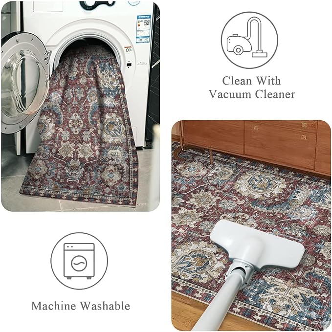 RUGSURE Washable Area Rugs - Perfect for Living Room, Bedroom, Kids Room, Nursery - Stain & Water Resistant Non-Slip, Pet & Child Friendly, Vintage Tribal Area Rugs (Rust and Blue, 6' x 9')