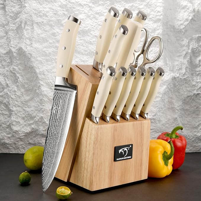 Knife Set, 14 Pieces Damascus Kitchen Knife Set with Block, ABS Ergonomic Handle for Chef Knife Set, Knife Sharpener and Kitchen Shears, Knife Block Set for Chopping, Slicing & Cutting