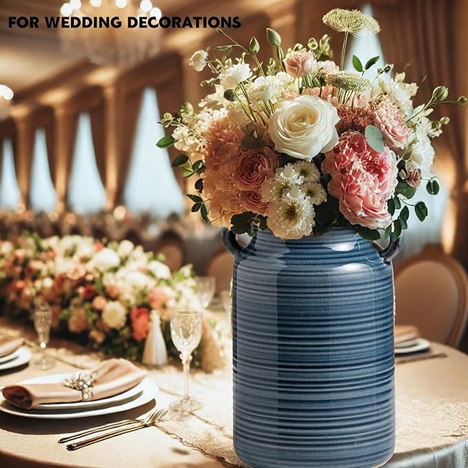 Ceramic Rustic Distressed Blue Flower Vase for Centerpieces, Kitchen, Office or Living Room (5.9''x8.6'')