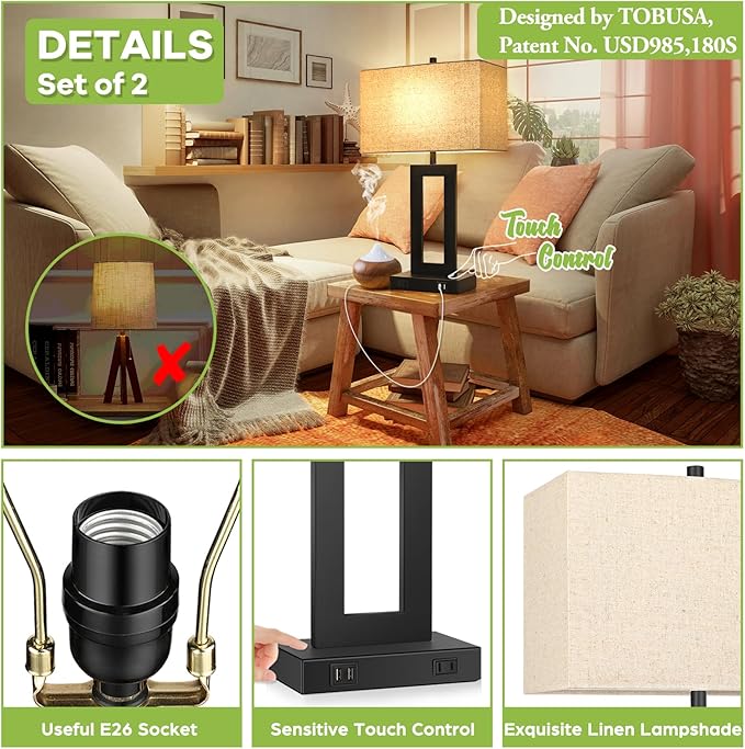 Set of 2 Touch Control Table Lamp with 2 USB Ports, 3-Way Dimmable Modern Nightstand Lamp Sets Bedside Touch Desk Lamp with Fabric Cream Shade for Bedroom Table Living Room Reading, Included Bulbs