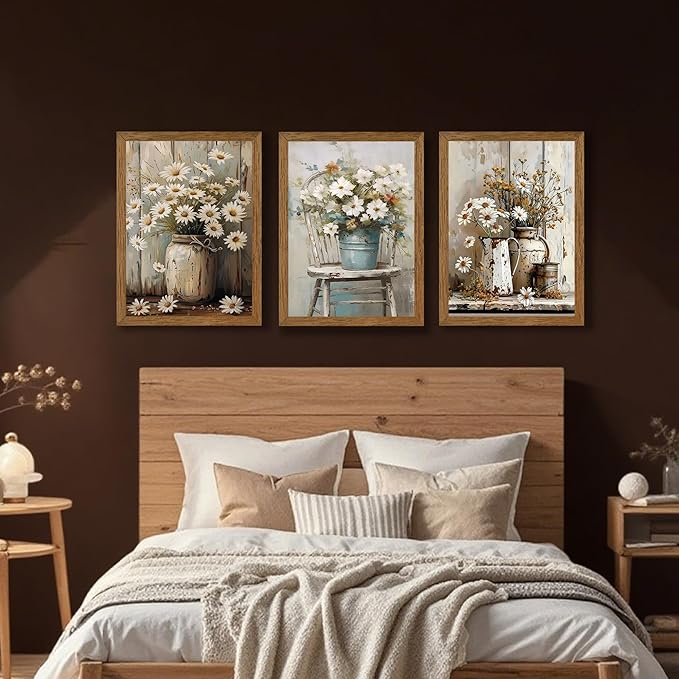 DUWQU 3 Piece Framed Elegant Farmhouse Canvas Wall Art, Vintage Floral Pictures Art Wall Decor, Nature Themed Daisy Art Prints for Living Room Bedroom Kitchen and Office Ready to Hang 12×16 Inches