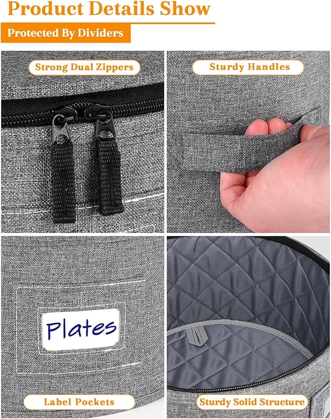 punemi China Storage Containers, Dish Storage with Rigid Top Side Bottom Support & Felt Dividers for Charger Plates Dinnerware, Perfect for Moving Supplies, 4PCS Stackable Fine China Storage, Gray