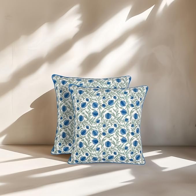 Ridhi Queen Blue Block Print Preppy Grandmillennial Pillow Cover Set of 2-20" x 20" Throw Pillow for Home White Floral Pillow Cover Grandmillennial Home Decor Thanksgiving