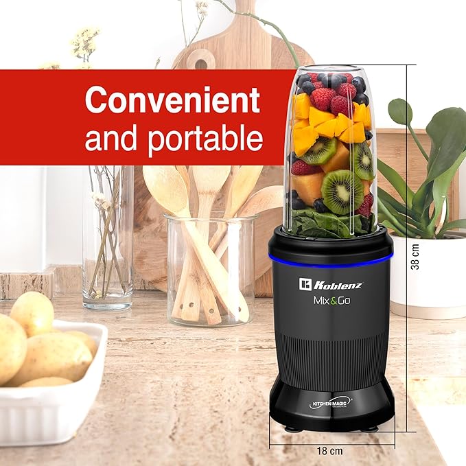 Koblenz Mix&Go Personal Blender, Portable Size Blender for Shakes and Smoothies, 1000w Motor, Includes Stainless Steel To-Go Cup and Tritan To-Go Cup, 12 Accessory Kit, Grey