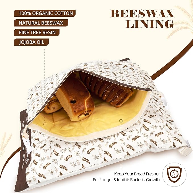 PUCHIS-2 Pack XL Cotton & Beeswax Bread Bags for Sourdough & Homemade Bread | Reusable Organic Storage, 17x13 in, Freezer-Safe Freshness