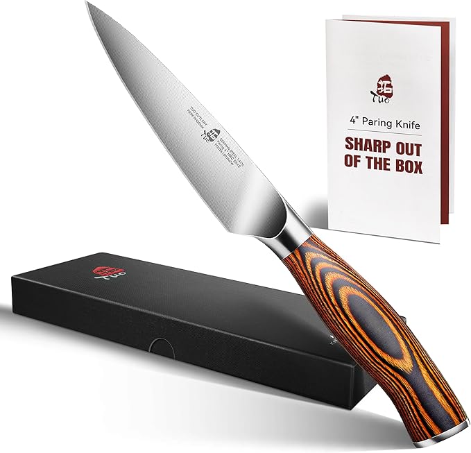 TUO Paring Knife, 4 inch Small Kitchen Knife for Fruit Peeling, High Carbon German Stainless Steel, Ergonomic Pakkawood Handle - Fiery Phoenix Series