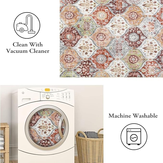 Lahome Moroccan Trellis Washable Round Area Rug, Soft Round Rugs 6ft Ultra-Thin Non-Slip, Vintage Large Circle Carpet for Bedroom Living Room Kitchen Nursery, Orange/Terracotta