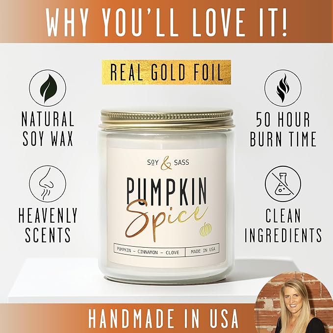 Pumpkin Spice Candle, Fall Candles - 'Pumpkin Spice' Pumpkin Candle I Infused w/Essential Oils I Autumn Scented Soy Candles for Home I Fall Home Décor I 9oz Reusable Jar, 50Hr Burn, Made in USA