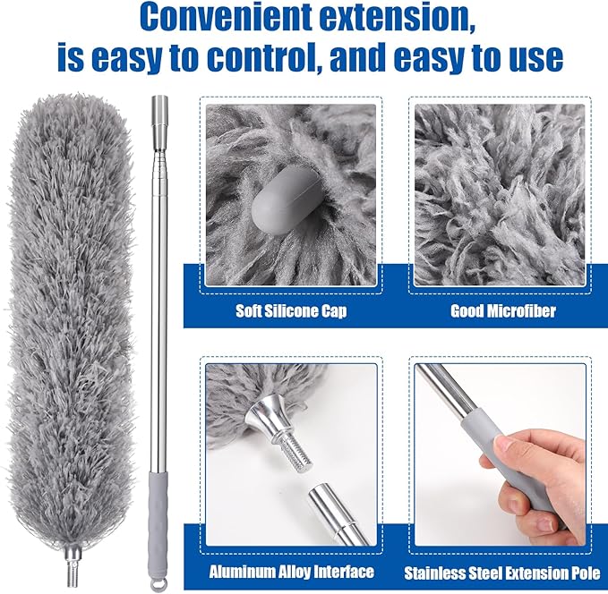 Feather Duster with 30-100 Inches Adjustable Long Pole,Extendable Feather Duster for Cleaning Ceiling Chandelier,Furniture, Blinds and Furniture