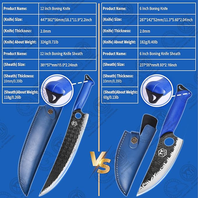 XYJ Portable Chef Knife Set Professional,Since 1986,Camping Boning Knife,Slice Butcher Knives with Leather Sheath,Finger Hole Blade,Outdoor Cooking,Full Tang (12 Inch)