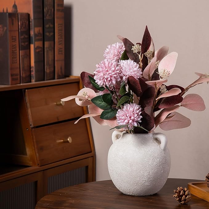 Ceramic Flower Vase, Porcelain Vases, 6 Inch Vintage Terracotta Vase with Hadle for Home Decor, Decorative Farmhouse Vase for Home Decor, Living Room, Shelf Decor, Farmhouse, Table, Lyeec