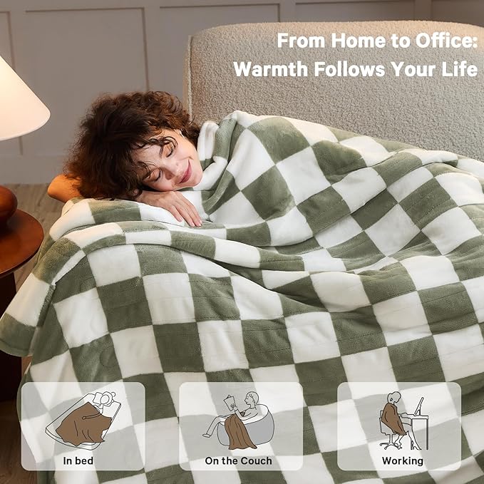 Sage Green Heated Blanket Electric Twin Size, 62X84 Heating Blanket with 10 Heat Levels & 8 Hours Auto Off, Checkered Plaid Soft Fleece Sherpa Blankets Warmer Gifts for Couch Grandma Women Adults, ETL