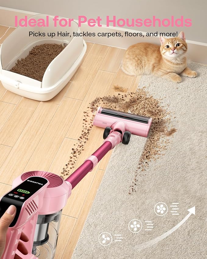 Cordless Vacuum Cleaner, 40Kpa 45Mins Vacuum Cleaners for Home, 8-in-1 Lightweight Stick Vacuum with Powerful Suction, Anti-tangle Wireless Vacuum for Carpet, Tile, Pet Hair, Hardwood Floors, Pink