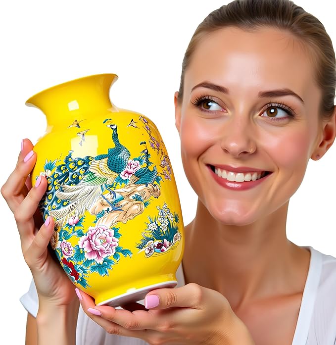 MTME Porcelain Figurines, Jingdezhen Peacock Decorative Flower vase, Home Decor, Wedding Gifts, Aesthetic Sculpture Home décor (Yellow)
