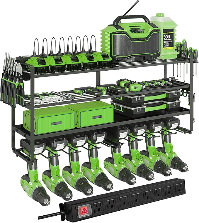 Max Loads 400lbs Power Tool Organizer Wall Mount, 4 Layer Garage Organization with 8 Cordless Drill Holder,Heavy Duty Metal Tool Storage Rack with 8 Outlet Power Strip for Room, Workshop