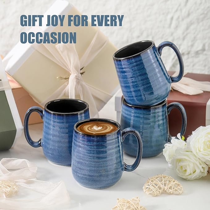 Hasense Coffee Mugs Set of 6, 12 Ounce Coffee Cups Set with Handle, Ceramic Tea Mugs for Kitchen, Blue Latte Mugs for Coffee,Cocoa, Tea, Stylish Mug Gift, Dishwasher and Microwave Safe