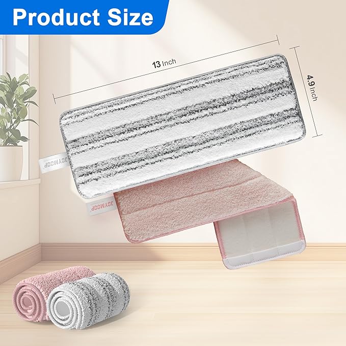 JOYMOOP Mop Replacement Pads, Reusable Microfiber Mop Pads for 13-inch Flat Mop and Mop Bucket Set, Pack of 4 Refills - Stripe and Pink