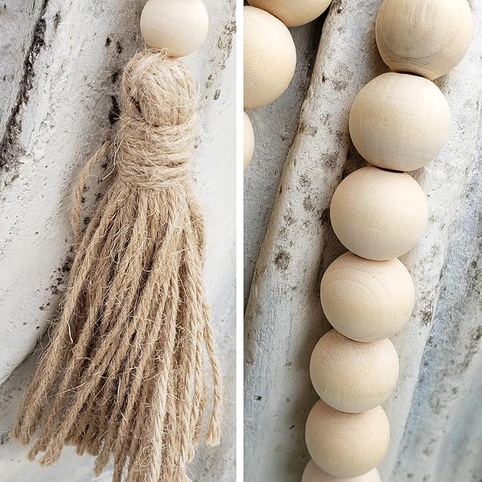 DECORKEY Farmhouse Wood Beads Garland, 2 Pack 58 Inch Wooden Beads for Boho Home Decor with Tassels, Rustic Country Decor for Coffee Table, Wall, Shelf, Tray, Vase, Living Room, Bedroom
