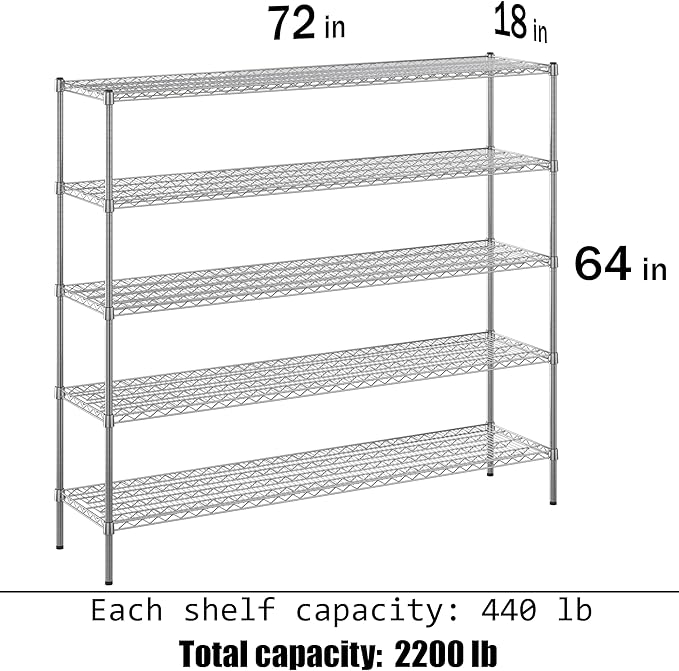 18" Deep x 72" Wide x 64" Height Wire Shelving Kit | 5-Tier | NSF Commercial Storage Rack Unit
