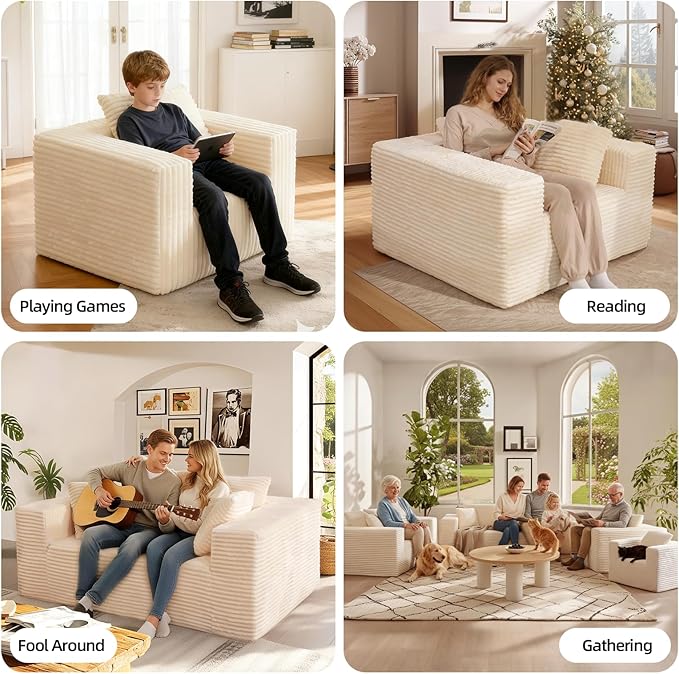 Single Sofa Foam Couch Sofa for Small Spaces, Giant Bean Bag Chair, Comfy Sofas with Removable Cover Furry Couch Pillows for Living Room, Bedroom, Apartment, Dorm, Office
