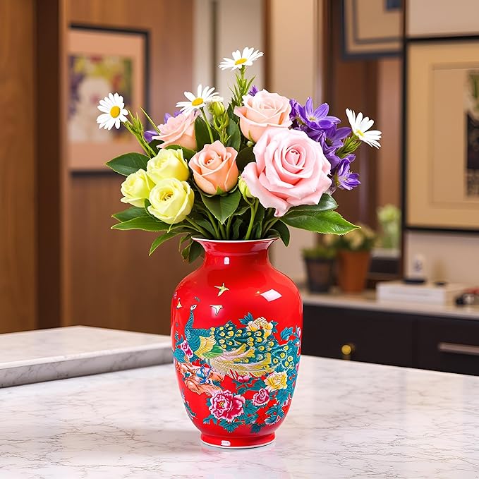 MTME Porcelain Figurines, Jingdezhen Peacock Decorative Flower vase, Home Decor, Wedding Gifts, Aesthetic Sculpture Home décor (Red)