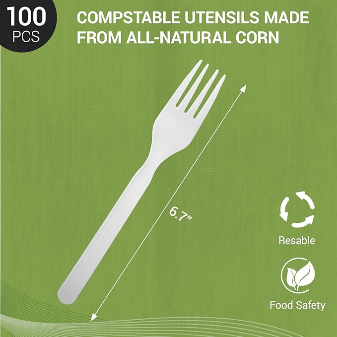 100% Compostable Froks - 100Pcs Heavy Duty Forks Disposable Utensils, BPA-Free, Heat Resistant, CPLA Disposable Forks, BPI Certified CPLA Disposable Cutlery for Party, Office & Picnic