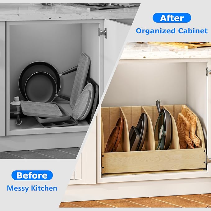 WelFurGeer Birchwood Pot and Pan Organizer with Soft-Close Drawer, Pull Out Cabinet Organizer, Heavy-Duty Slide-Out Storage for Baking Sheets, Cutting Boards, and Kitchen Utensils