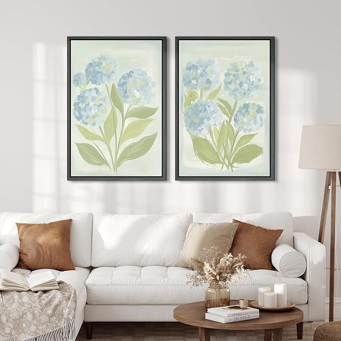 SIGNFORD Framed Canvas Print Wall Art Set Soft Hydrangea Pair Light Blue Florals with Green Leaves Illustration Modern Art Decorative Nordic Nature for Living Room, Bedroom, Office - 16"x24"x2 Black