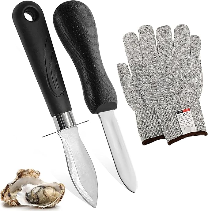 Professional Oyster Shucking Knife Set – Level 5 Cut Resistant Gloves – Premium Seafood Opener Oyster Shucker Knife Tool Kit for Safe and Effortless Shucking Oysters