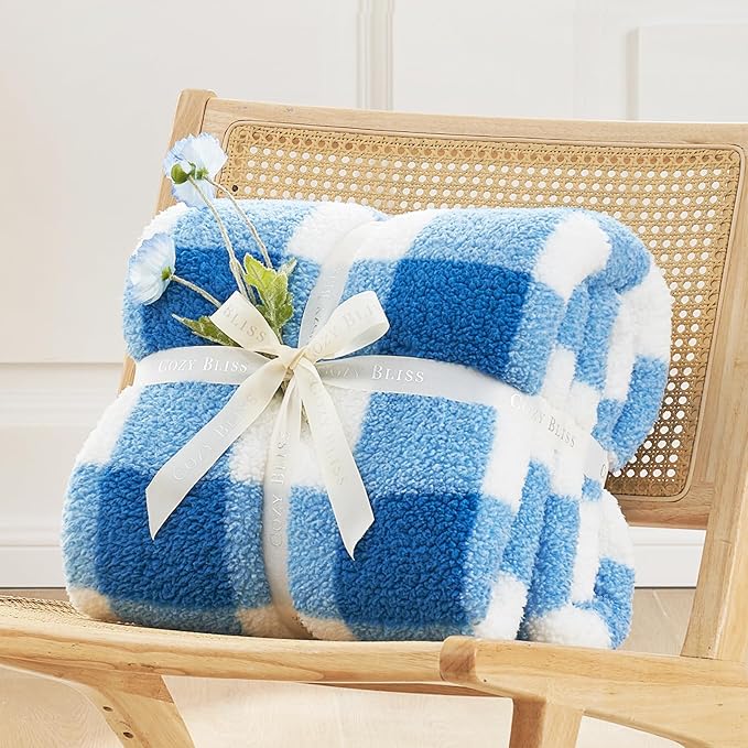 Cozy Bliss Luxury Sherpa Throw Blanket for Couch, Premium Reversible Buffalo Plaid Thick Throw, Warm Cozy Soft Blanket for Home and Gifts (Light Blue, 50" x 60")